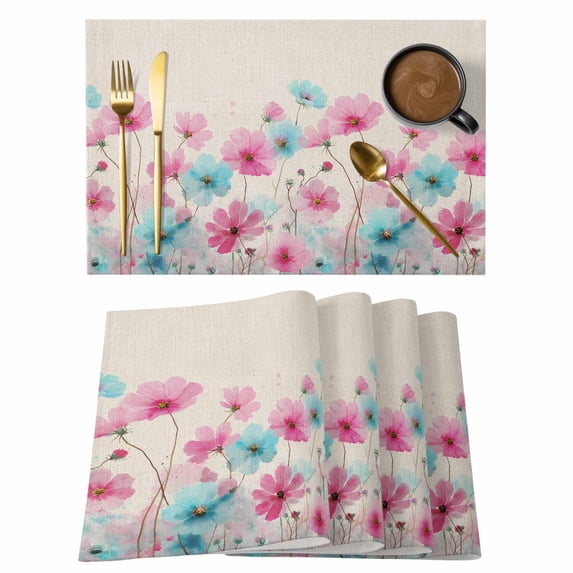 Blue Pink Flowers Placemats Set of 6 Spring Garden Floral Rustic Burlap Place Mats Indoor Wipeable Table Mats Washable Cloth Dining Table Placemats for Kitchen Holiday Party Home Decor 13x19 Inch