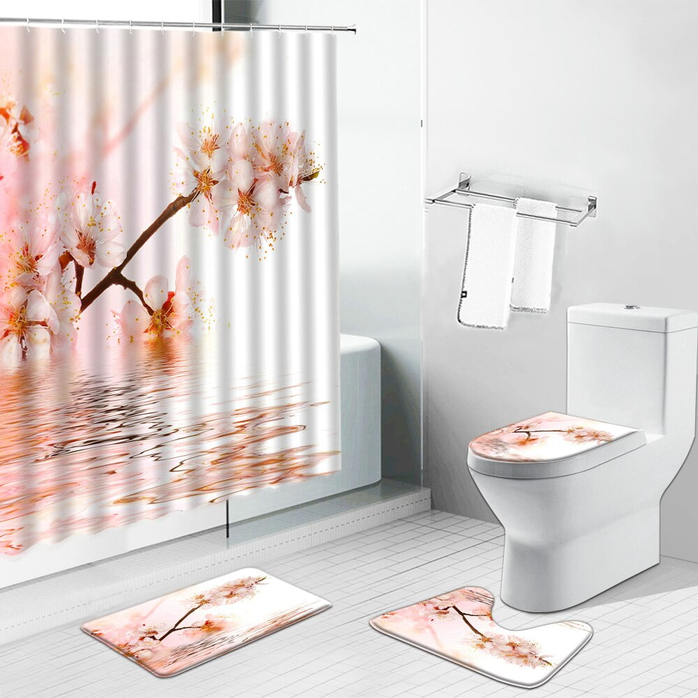 Blue Pink Flowers Print Shower Curtain Set Floral Scenery Non Slip Bath Mat Bathroom Decor ...