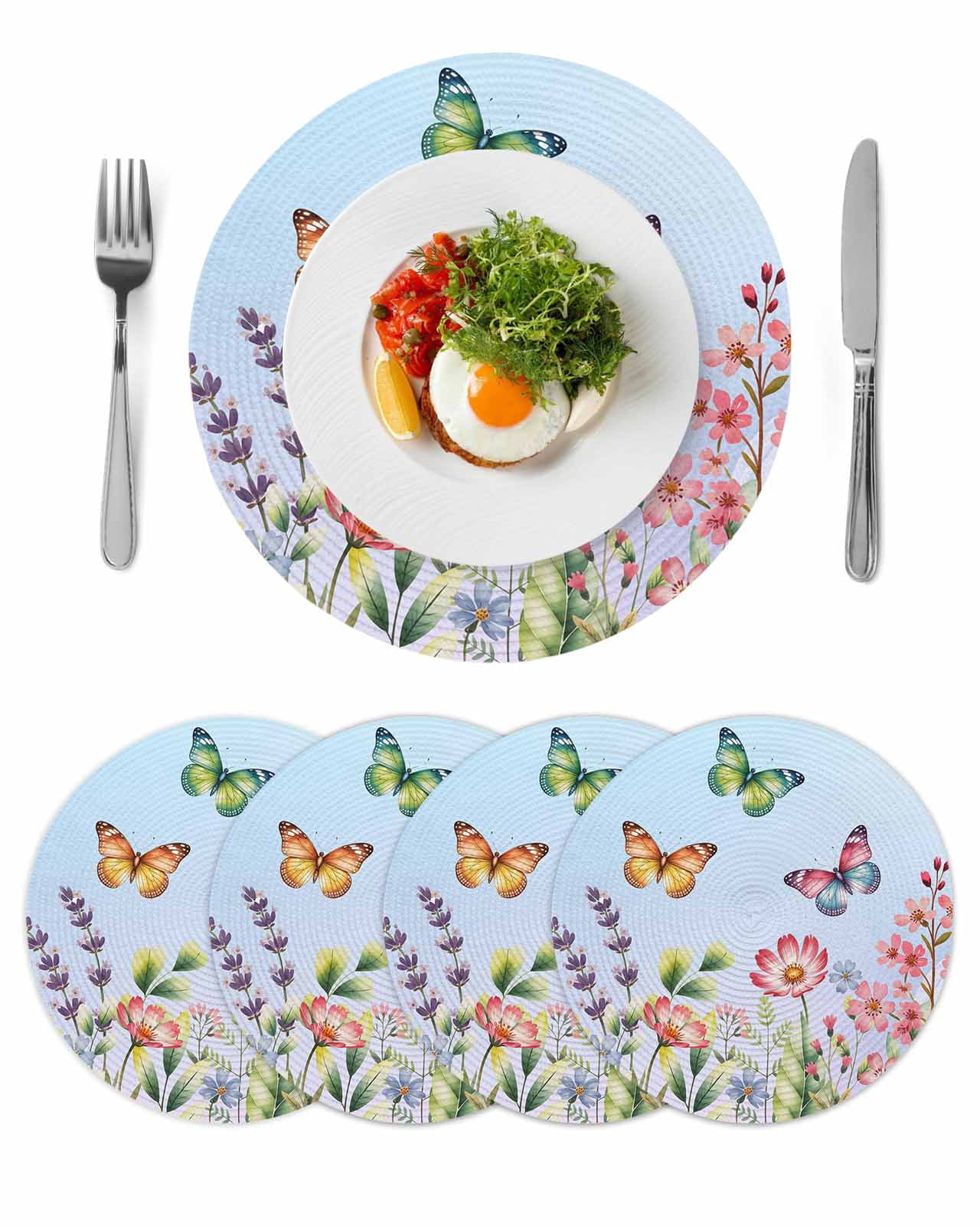 Blue Pink Flowers Round 13 Inch Placemats Set of 4, Spring Floral ...