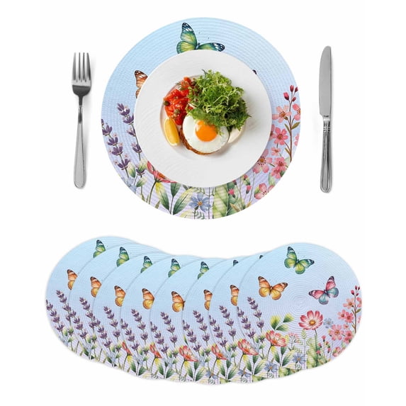 Blue Pink Flowers Round 13 Inch Placemats Set of 8, Spring Floral Butterfly Elegant Pastoral HeatResistant Non Slip Place Mats for Dining Table, Wipeable Braided Kitchen Table Mats for Housewarming