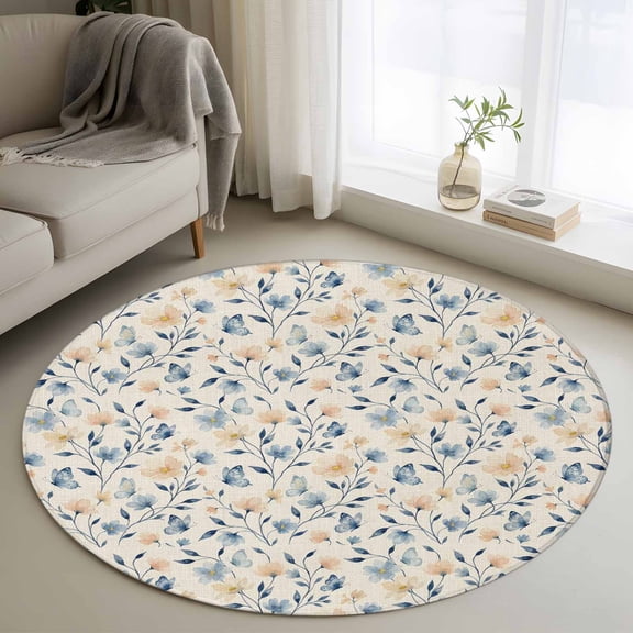 Blue Pink Flowers Round Area Rug 4ft, Spring Floral Elegant Pastoral Rustic Washable Non-Slip Circle Rugs for Bedroom Living Room Kitchen, Soft Non Shedding Circle Carpet for Dining Room Dorm