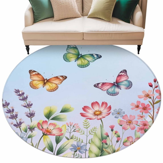 Spring Floral Rugs Blue Pink Flowers Round Area Rugs Collection 5', Spring Floral ...