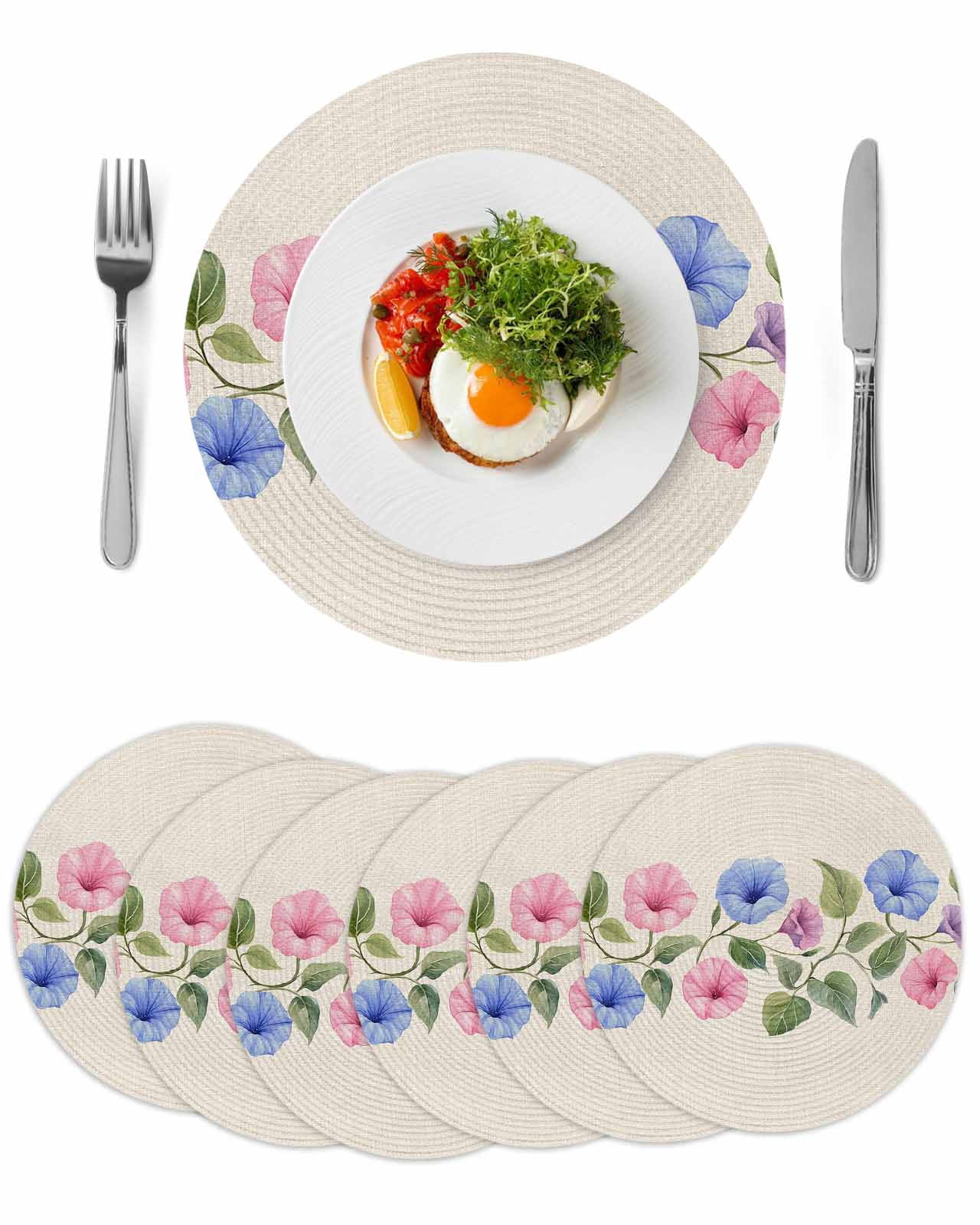 Blue Pink Flowers Round Table Placemats set of 6, Rustic Beige Washable ...