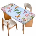 thumbnail image 1 of Blue Pink Flowers Table Cloths for 4 Foot Rectangle Tables, Spring Floral Butterfly Elegant Pastoral Patio Waterproof Elastic Fitted Tablecloths, Washable Rectangular Table Cover for Camping, 1 of 8