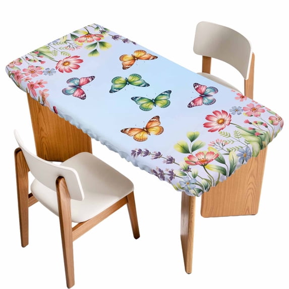 Blue Pink Flowers Table Cloths for 4 Foot Rectangle Tables, Spring Floral Butterfly Elegant Pastoral Patio Waterproof Elastic Fitted Tablecloths, Washable Rectangular Table Cover for Camping
