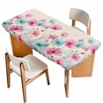 thumbnail image 1 of Blue Pink Flowers Table Cloths for 4 Foot Rectangle Tables, Spring Garden Floral Rustic Burlap Patio Waterproof Elastic Fitted Tablecloths, Washable Rectangular Table Cover for Camping, 1 of 8