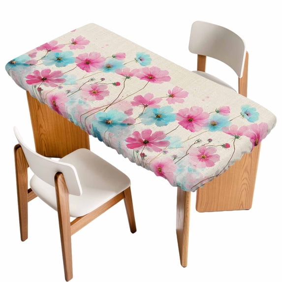 Blue Pink Flowers Table Cloths for 4 Foot Rectangle Tables, Spring Garden Floral Rustic Burlap Patio Waterproof Elastic Fitted Tablecloths, Washable Rectangular Table Cover for Camping