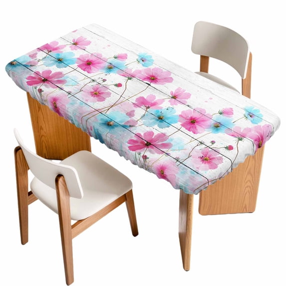 Blue Pink Flowers Table Cloths for 6 Foot Rectangle Tables, Spring Garden Floral Gray Wooden Patio Waterproof Elastic Fitted Tablecloths, Washable Rectangular Table Cover for Camping