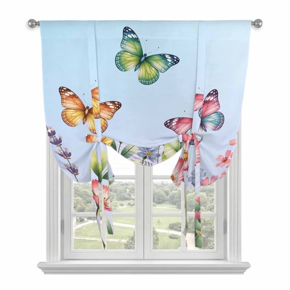 Blue Pink Flowers Tie Up Curtains for Windows, Balloon Window Shades, Spring Floral Butterfly Elegant Pastoral Kitchen Window Treatments Roll Up Curtain for Basement/Nursery 52"x45"