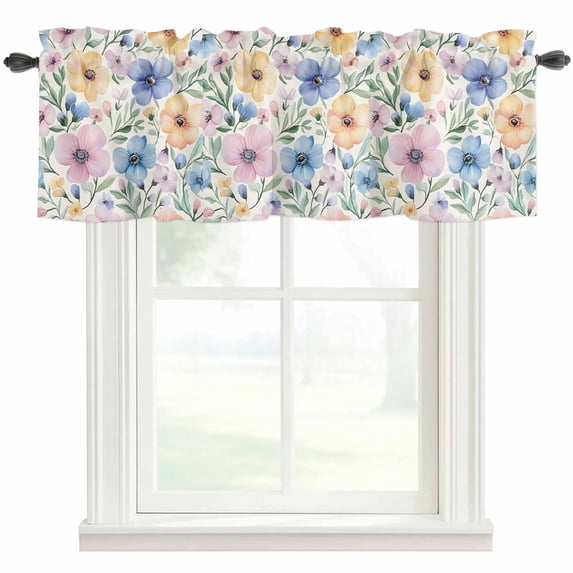 Blue Pink Flowers Valances for Windows Spring Watercolor Floral Leave Rod Pocket Curtain Valance Window Treatment Short Curtains for Kitchen Living Room, 42"x12"