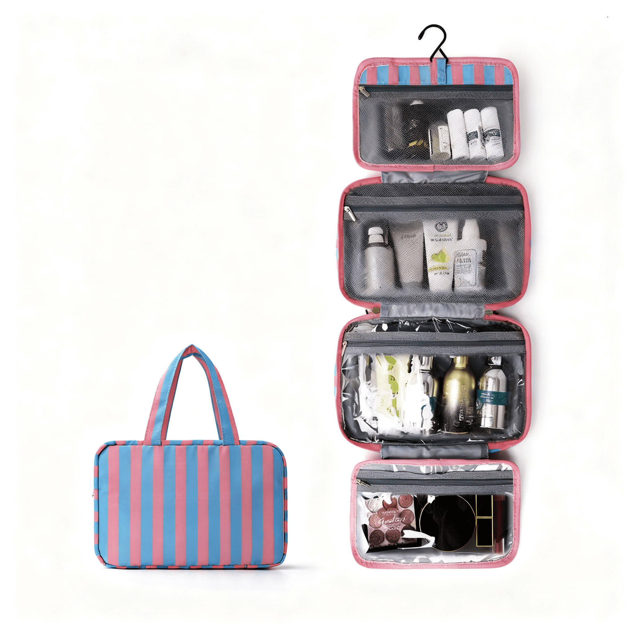 Blue Pink Foldable Hook Toiletry Storage Bag, Waterproof Multi Compartment Handheld Skincare And Makeup Bag