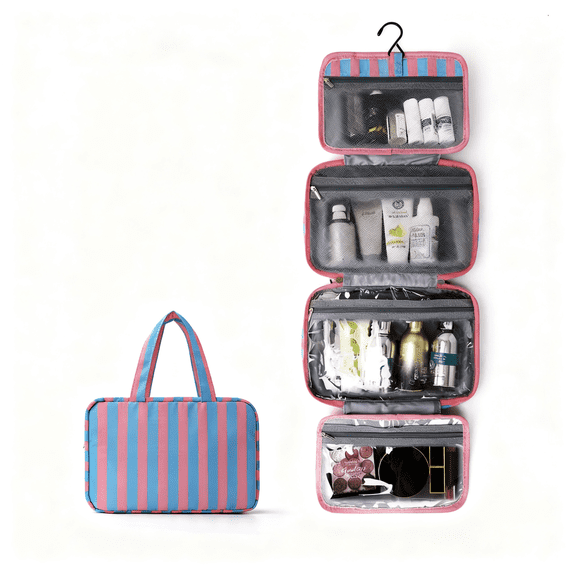 Blue Pink Foldable Hook Toiletry Storage Bag, Waterproof Multi Compartment Handheld Skincare And Makeup Bag