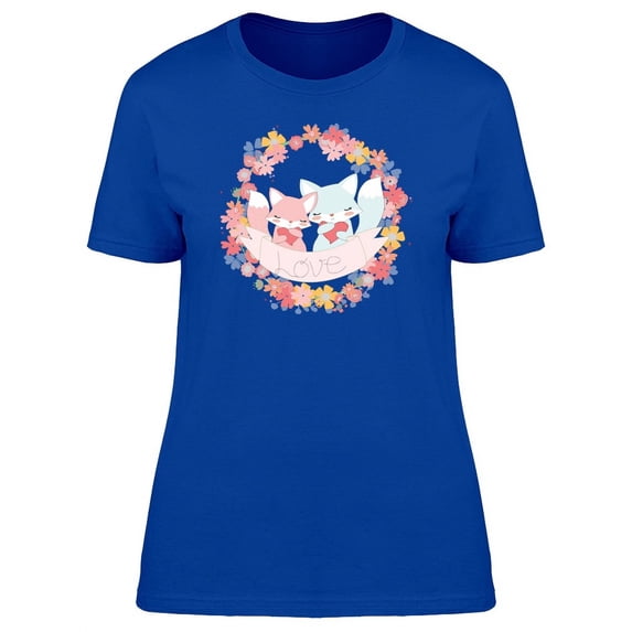 Blue & Pink Foxes Floral Wreath T-Shirt Women -Image by Shutterstock, Female x-Large
