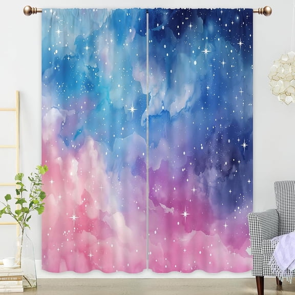 Blue Pink Galaxy Curtains for Bedroom 52Wx84H Inch Rod Pocket Starry Sky Cute Space Ombre Watercolor Neubla Pastel Fairy Clouds Kids Girls 2 Panel Window Treatment Set for Living Room Decor