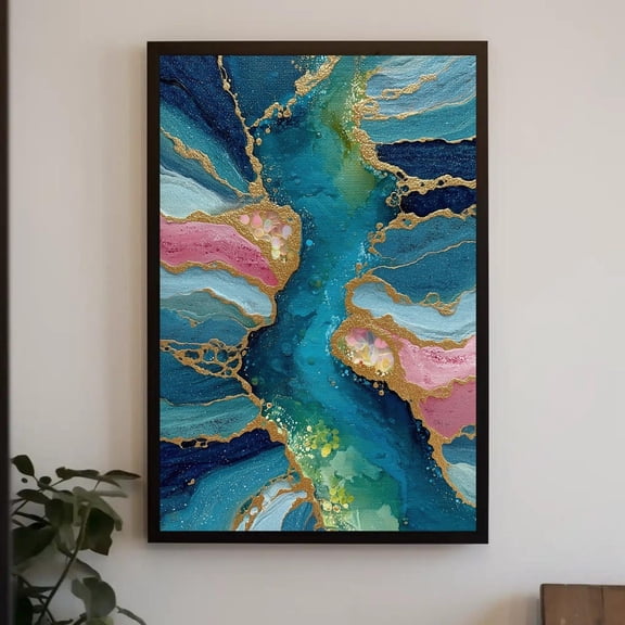 Blue Pink Gold Abstract Art, Fluid Alcohol Ink Style Canvas Print, Luxury Wall Decor, Teal Gold Marble Painting, Elegant Statement Piece, Unframed Canvas Size 24x36