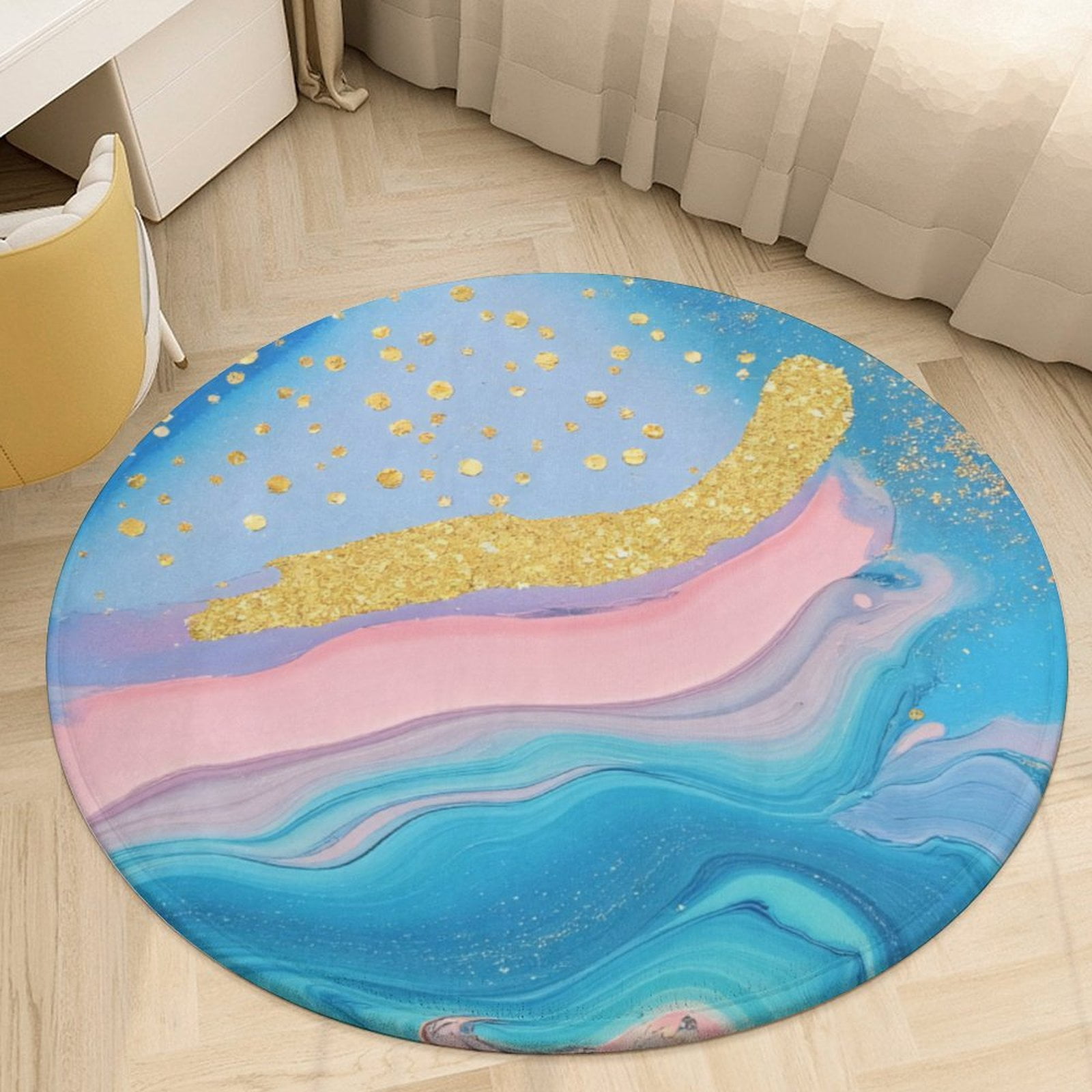 Blue Pink Gold Glitter Marble Round Area Rugs for Bedroom Living Room ...
