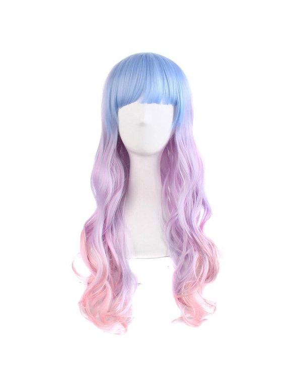 Blue Pink Gradient Wig for Women, Long Wavy Heat-Resistant Synthetic Wig, Colorful Ombre Cosplay Hair for Anime, Halloween, Costume Party & Daily Wear