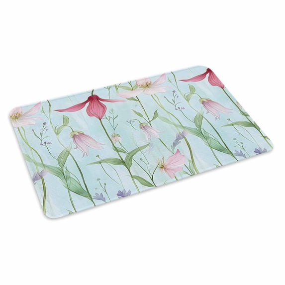 Blue Pink Green Floral Doormat Outdoor Entrance 24"x36", Seasonal Botanical Blooms Absorb Moisture Dirt Door Mats, Non-Slip Rubber Backing Floor Mats Indoor, Low-Profile Front Door Rugs