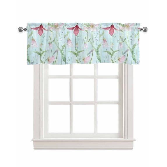 Blue Pink Green Floral Kitchen Valances for Windows Farmhouse Linen Window Valance Curtain for Living Room Window Treatment Seasonal Botanical Blooms Valance Rod Pocket Topper Drape, 42 x 12 Inch