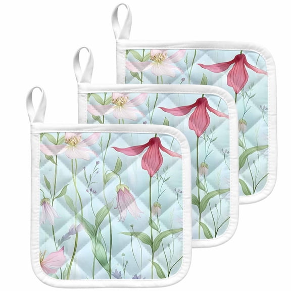 Blue Pink Green Floral Pot Holders for Kitchen Heatproof Potholder, 3 Pack Seasonal Botanical Blooms Hot Pads Multipurpose Oven Pads Cloth Potholders Trivet for Cooking Baking