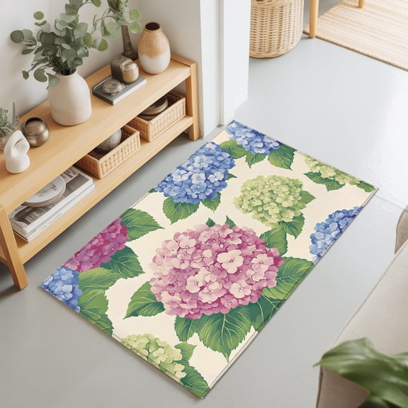 Blue Pink Green Hydrangea Blooms Rectangle Area Rug 2x3ft,Living Room Rug Non-Slip Washable Circle Rugs Pad,Retro Floral Art Soft Floor Carpet for Bedroom Dining Room