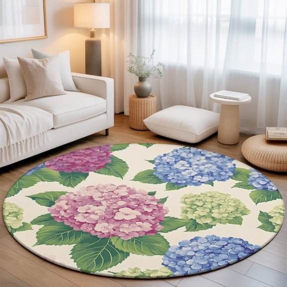 Blue Pink Green Hydrangea Blooms Round Rug 5ft Retro Floral Art Washable Area Rugs for Living Room Bedroom Entryway Non Slip Entrance Door Mat Indoor Floor Carpet
