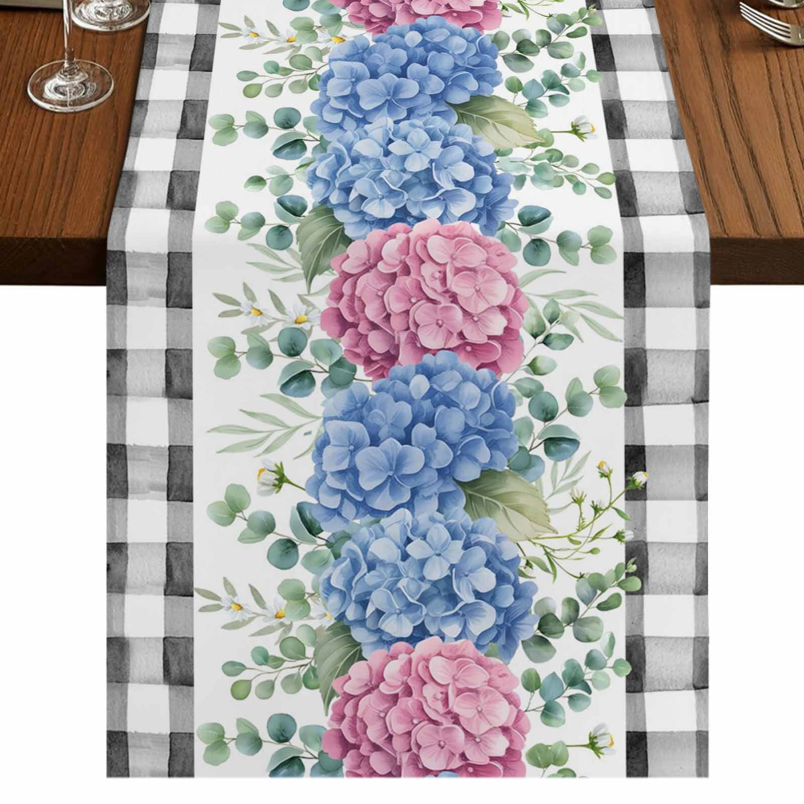 Blue Pink Hydrangea 70 Inch Table Runner, Eucalyptus Leaves Summer ...