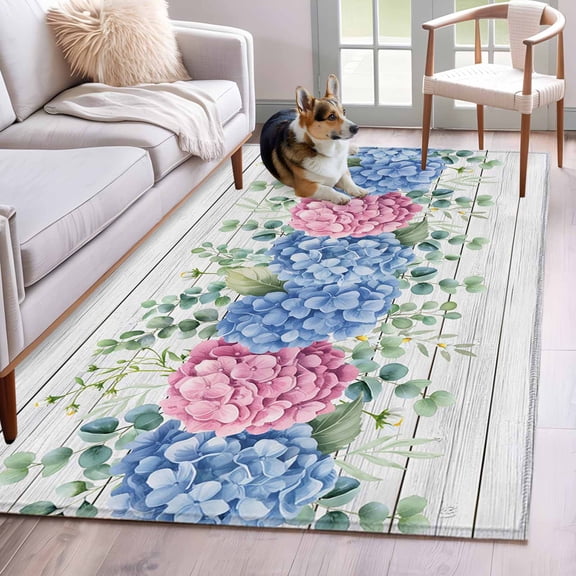 Blue Pink Hydrangea Area Rugs 4x6 ft Spring Flower Leaf White Wood Grain Washable Rug Non Slip Indoor Carpet Absorbent Floor Mat for Living Room Bedroom Dining Room