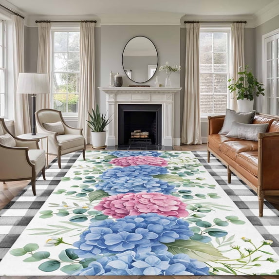 Blue Pink Hydrangea Area Rugs 8'x10', Small Throw Rugs for Living Room Patio, Eucalyptus Leaves Summer Botanical Plaid Indoor Outdoor Rug Non-Slip Low Pile Carpet Runner Reversible Floor Mats