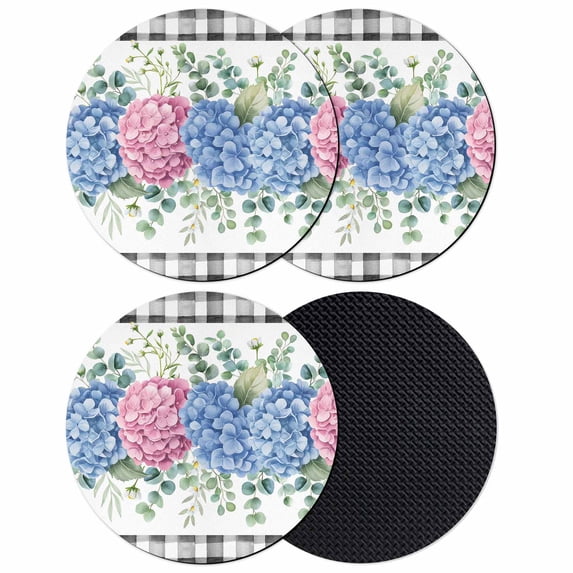 Blue Pink Hydrangea Coasters Set of 4, Absorbent Coasters for Drinks, Eucalyptus Leaves Summer Botanical Plaid Coaster for Desk Coffee Table Protection, Home Decor House Warming Gifts 4"