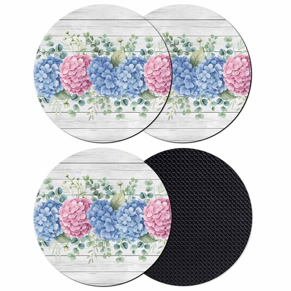 Blue Pink Hydrangea Coasters Set of 4, Absorbent Coasters for Drinks, Eucalyptus Leaves Wooden Summer Botanical Coaster for Desk Coffee Table Protection, Home Decor House Warming Gifts 4"