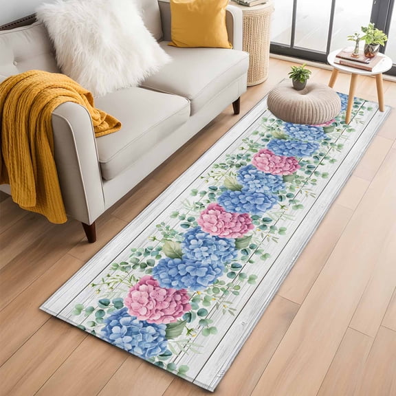 Blue Pink Hydrangea Kitchen Runner Rug 2x6 Washable Runners for Hallway Non Slip Eucalyptus Leaves Wooden Summer Botanical Large Area Rug Indoor Floor Carpet for Bathroom Laundry Entryway Bedroom