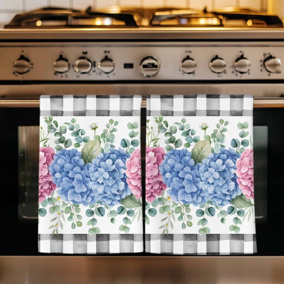 Blue Pink Hydrangea Kitchen Towels Set of 2, Eucalyptus Leaves Summer Botanical Plaid Absorbent Dish Towels for Kitchen, Microfiber Hand Towel, Quick Drying Tea Towel Decorative Dishcloths