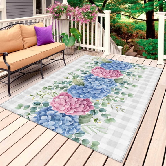 Blue Pink Hydrangea Outdoor Rug 6x9 Ft, Non Slip Washable Area Rug, Eucalyptus Leaves Grey Plaid Patio Rugs Carpet Runner, Large Floor Mat for Indoor/Outdoor Deck Porch Camping