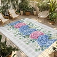 thumbnail image 1 of Blue Pink Hydrangea Outdoor Rug for Patio/Deck/Porch, Non-Slip Large Area Rug 5 x 7 Ft, Eucalyptus Leaves Grey Plaid Indoor Outdoor Rugs Washable Area Rugs, Reversible Camping Rug Carpet Runner, 1 of 8