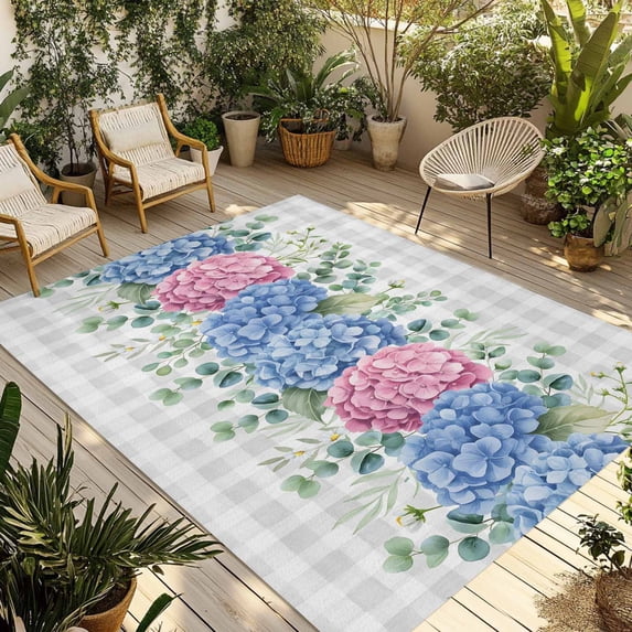 Blue Pink Hydrangea Outdoor Rug for Patio/Deck/Porch, Non-Slip Large Area Rug 5 x 7 Ft, Eucalyptus Leaves Grey Plaid Indoor Outdoor Rugs Washable Area Rugs, Reversible Camping Rug Carpet Runner
