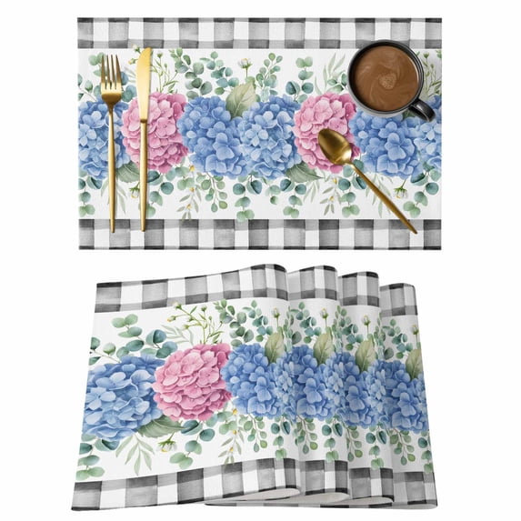 Blue Pink Hydrangea Placemats Set of 4, Eucalyptus Leaves Summer Botanical Plaid Placemats for Dining Table, Place Mats for Kitchen Tabletop, Waterproof Wipeable Dining Table Mats Set