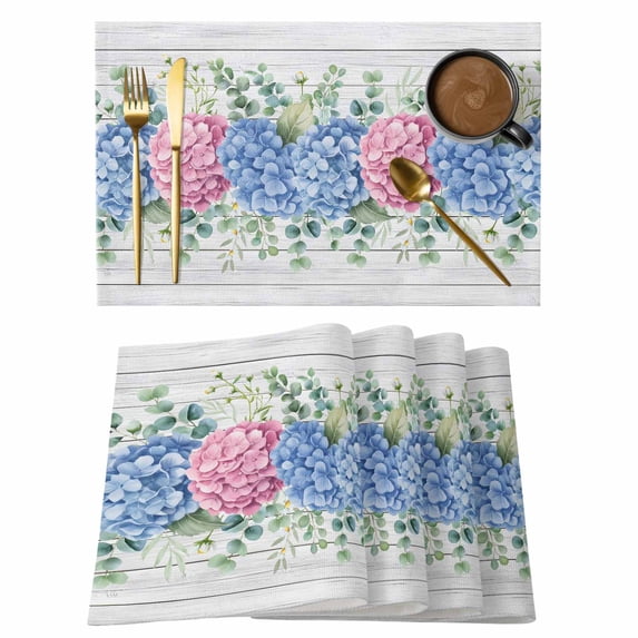 Blue Pink Hydrangea Placemats Set of 6, Eucalyptus Leaves Wooden Summer Botanical Placemats for Dining Table, Place Mats for Kitchen Tabletop, Waterproof Wipeable Dining Table Mats Set