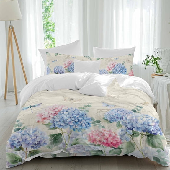 Blue Pink Hydrangea Queen Size Comforter Set, Spring Floral Green Leaf Newspaper Texture Bedding for All Seasons, 4 Pcs Bed Set, 1Quiltcover (90"x92") ,1Sheet(94"x116"), 2Pillowcases (30"x20")