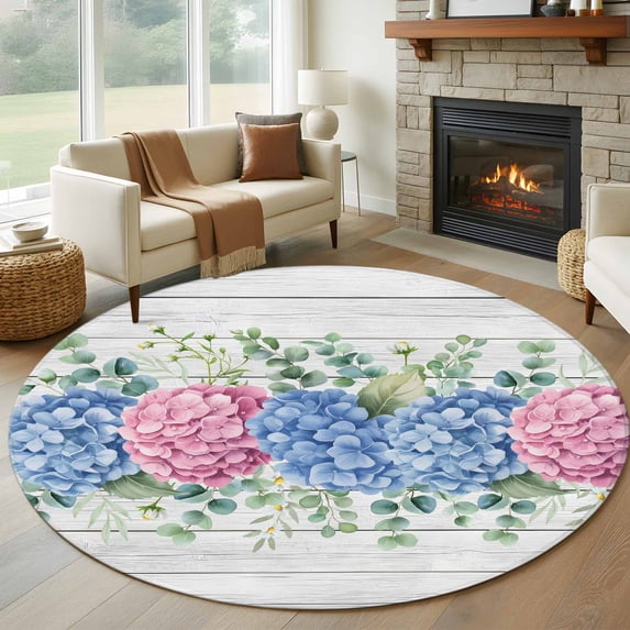 Blue Pink Hydrangea Round Area Rug 7Ft Washable Circle Rugs for Dorm Laundry Room, Eucalyptus Leaves Wooden Summer Botanical Non-Slip Carpet Floor Mats Indoor Outdoor Carpet Runner Home Decor