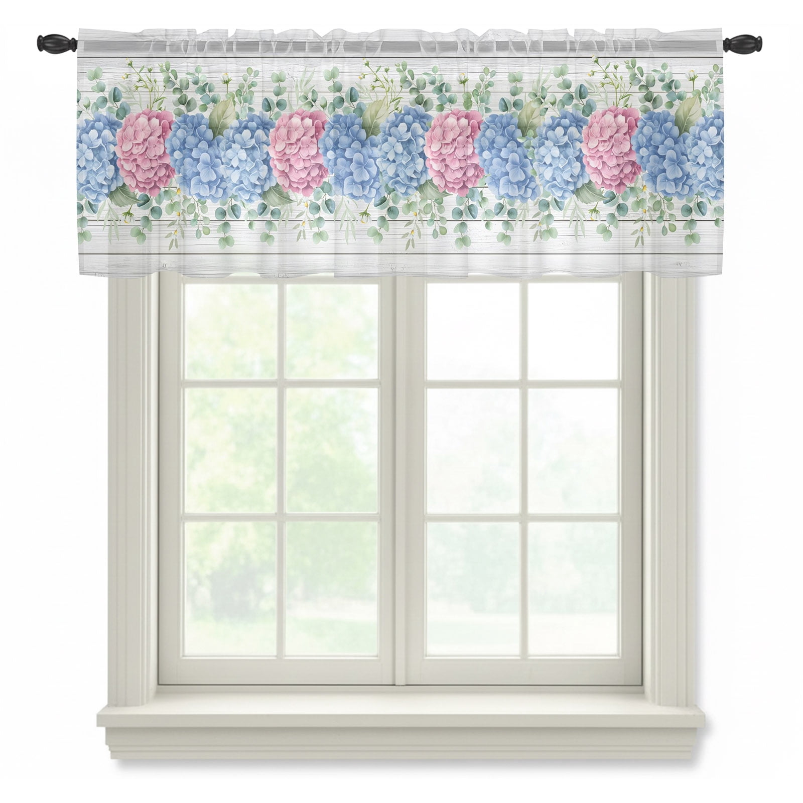 Blue Pink Hydrangea Sheer Curtain 18 Inch Long Spring Floral Leaf White