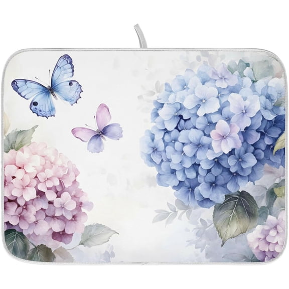 Blue Pink Hydrangea Spring Floral Dish Drying Mat for Kitchen Counter Absorbent Microfiber Large Drying Pad Dish mats for Kitchen Countertops 18 x 24 Inch