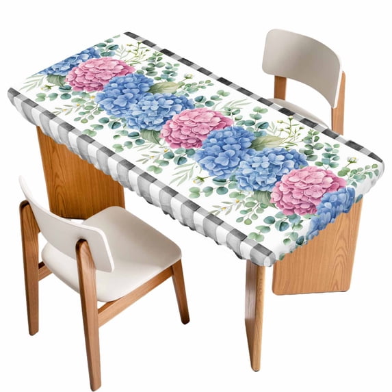 Blue Pink Hydrangea Table Cloths for 5 Foot Rectangle Tables, Eucalyptus Leaves Summer Botanical Plaid Patio Waterproof Elastic Fitted Tablecloths, Washable Rectangular Table Cover for Camping