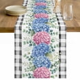 thumbnail image 1 of Blue Pink Hydrangea Table Runner 120 Inches Long Farmhouse Dress Scarves, Eucalyptus Leaves Summer Botanical Plaid Dining Tablerunner for Coffee Table/Kitchen Island/Party Décor, 13" x 120", 1 of 8