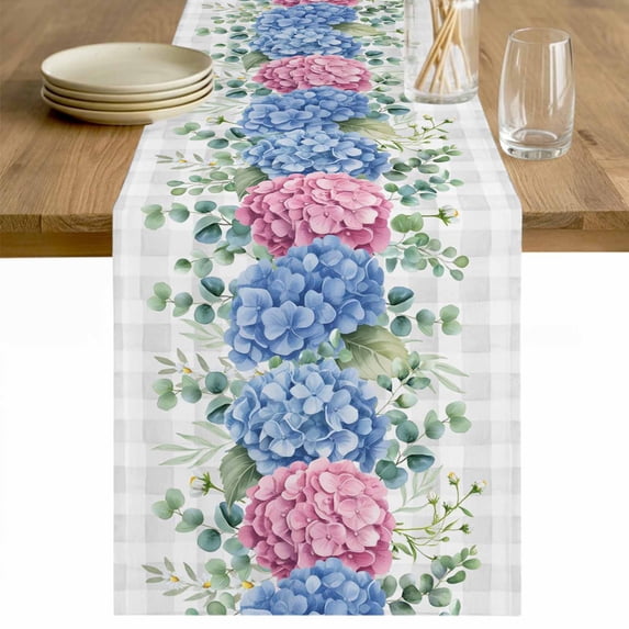 Blue Pink Hydrangea Table Runner 90 Inches Long Farmhouse Dress Scarves, Eucalyptus Leaves Grey Plaid Dining Tablerunner for Coffee Table/Kitchen Island/Party Décor, 13" x 90"