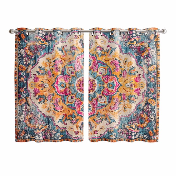 Blue Pink Kitchen Curtains 63 Inch Length, Boho Middle Century Geometric Abstract Grommet Top Bedroom Living Room Curtains, Light Filtering Cafe Curtain Drapes 2 Panels Set 104''x63''