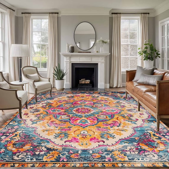 Blue Pink Large Area Rug 8x10 FT, Non Slip Living Room Throw Carpet, Boho Middle Century Geometric Abstract Washable Soft Indoor Outdoor Carpet Non-Shedding Rug for Bedroom Dining Room