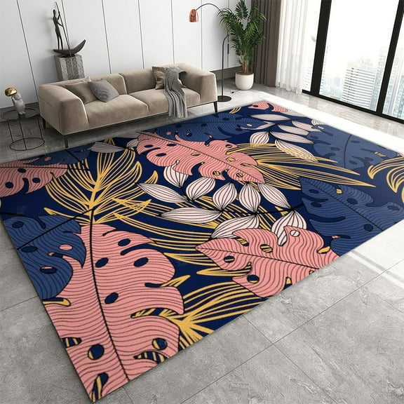 Blue Pink Leaf Tropical Area Rug, Rainforest Plant Monstera Palm Leaf Pattern Print Washable Area Rug, Soft Comfy Breathable Durable Carpet for Dorm Study Room Decor Mats 2ft x 3ft