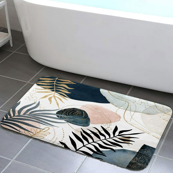 Mid-Century Modern Bath Mat with Blue & Pink Abstract Leaves | Non-Slip Flannel Rug for Bathroom & Kitchen, 17x29 Inches