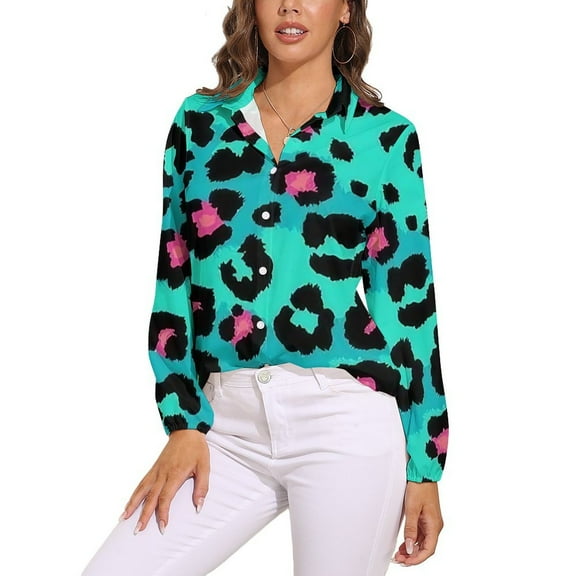 Blue Pink Leopard Skin Long Sleeve Blouse Woman Streetwear Casual Shirts Summer Oversize Woman Streetwear Clothing Birthday Present